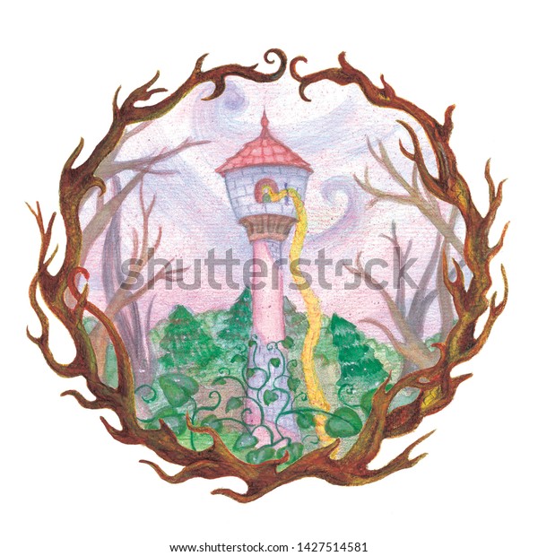 有名な童話の童話 グリム兄弟のイラストは 円と枝の付いた枠に囲まれ 水彩色 色鉛筆 のイラスト素材