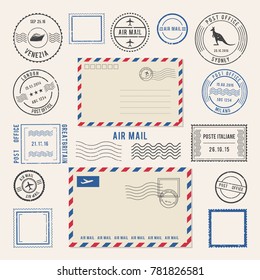  illustrations of letters and postmarks, airmail designs. Antique stamps. Airmail retro stamp, vintage post stamps imprint