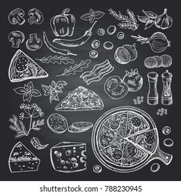 Illustrations of pizza ingredients on black chalkboard. Pictures set of italian kitchen. Italian food pizza, restaurant menu sketch with ingredient 