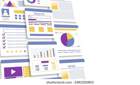 Illustrations of search, statistics, graphs, data analysis, etc. on white background
