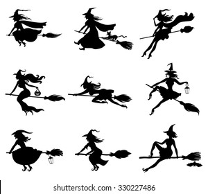 Illustrations Of Silhouette Witches Flying On Broomstick Set