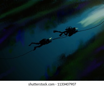 Illustrative Art: Cave Driving In The Dark To Rescue In Thailand 13 Boys Wild Boar Soccer Team In Flooded Long Narrow THAM LUANG NangNon Mountain In Chiangrai Province,Northern Thailand