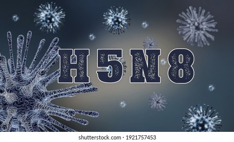 an illustrative art work of the new influenza virus by the name H5N8 on a blurry blue and white background and virus particles  randomly around a custom text with a white stroke - Powered by Shutterstock