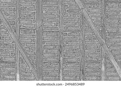 Illustrative black and white geometric pattern of wooden beams in a brick wall.