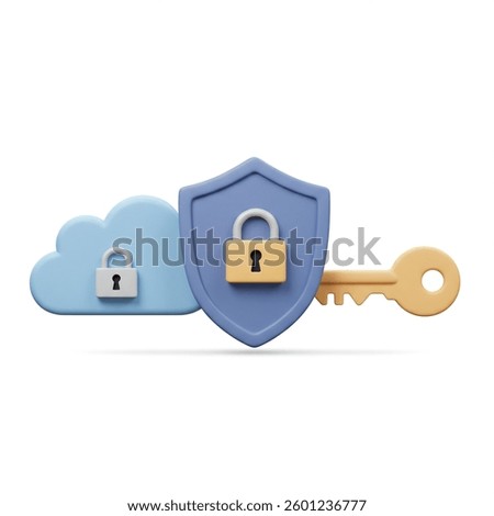 Illustrative cloud, shield, and key represent secured data and information online for data protection visuals and cybersecurity designs.