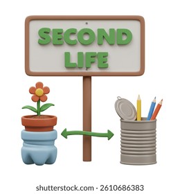 Illustrative concept showcasing repurposing objects with a flower in a recycled bottle and pencils in a can, highlighting creative reuse and environmental awareness projects.