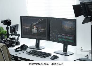 Illustrative Editorial Of Adobe Premiere In Clean Modern Video Editor Workspace