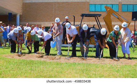 Illustrative Image Of Ground-breaking Ceremony For A New Building. Unidentifiable People Breaking Ground.