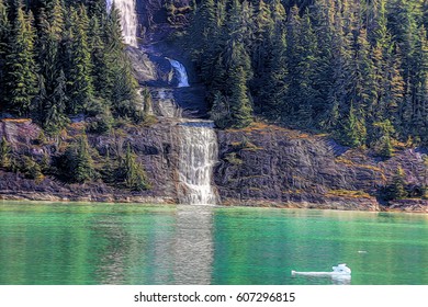 Illustrative image of waterfall cascading down mountain side through forest.