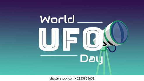 Illustrative image of world ufo day text and telescope against blue background, copy space. awareness, alien, galaxy, futuristic, exploration, space and astronomy concept. - Powered by Shutterstock