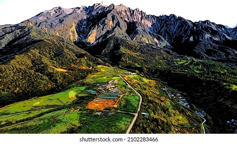 Illustrative Painting Picture Of A Very Interesting Picture Of Mount Kinabalu And Desa Dairy Farm.