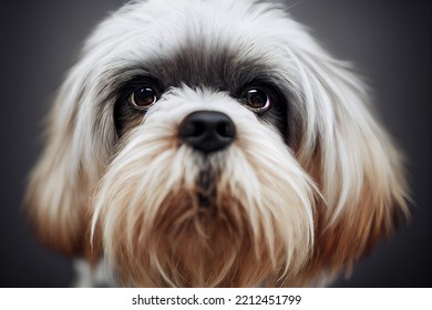 Illustrative Portrait Of A Lhaso Apso Dog Face Closeup, Detailed Cinema Graphic With Shallow Depth Of Field.