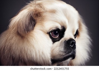 Illustrative Portrait Of A Pekingese Dog Face Closeup, Detailed Cinema Graphic With Shallow Depth Of Field.