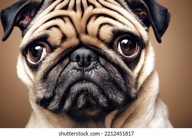 Illustrative Portrait Of A Pug Dog Face Closeup, Detailed Cinema Graphic With Shallow Depth Of Field.