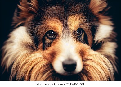 Illustrative Portrait Of A Shetland Sheep Dog Face Closeup, Detailed Cinema Graphic With Shallow Depth Of Field.