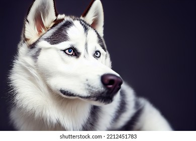 Illustrative Portrait Of A Siberian Husky Dog Face Closeup, Detailed Cinema Graphic With Shallow Depth Of Field.