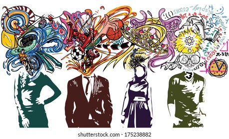 Illustrative representation of brains exploding with ideas