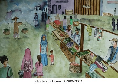 Illustrative watercolor painting depicting a lively local market scene with diverse vendors and shoppers. The market showcases a variety of fresh produce and cultural interactions. - Powered by Shutterstock