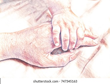 Illustrator image of baby hand holding old sick patient hand on the bed.Concept of true love and family support.Sketching background.
