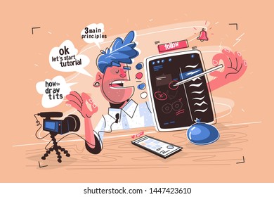 Illustrator at video tutorial illustration. Man explaining drawing techniques on graphics tablet flat design. Guy with speech bubbles lets start how to draw tits and three main principles