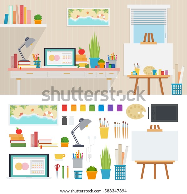 Illustrator Working Place Flat Illustrations Painter Stock Illustration