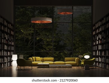 Ilustration 3d
Library Room In 3d Render. Night
Large Space With A Large Sofa In The Center, Decorated With Round Lamps Contrasting With A Large Window
Electric Light