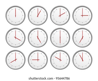 An image of 12 clocks with different time