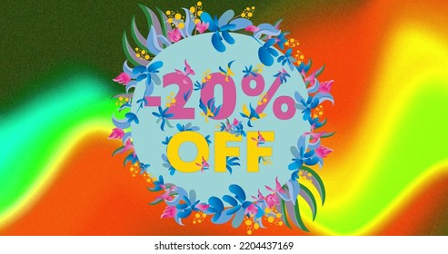 Image Of 20 Percent Off Text On Floral Pattern And Glowing Background. Sales, Retail, Saving And Communication Concept Digitally Generated Image.