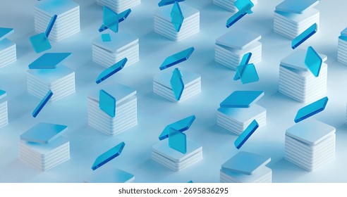 An image of 3 demential pattern of blue plastic smart phones in diagonals