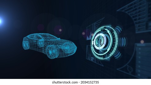 Image Of 3d Car Drawing With Scope Scanning And Data Processing. Global Car Industry, Technology, Data Processing And Digital Interface Concept Digitally Generated Image.