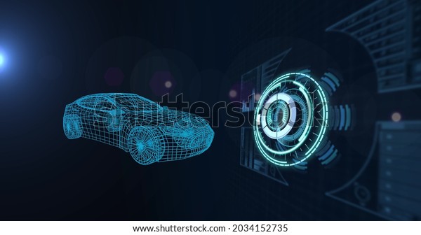 Image of 3d car\
drawing with scope scanning and data processing. global car\
industry, technology, data processing and digital interface concept\
digitally generated\
image.
