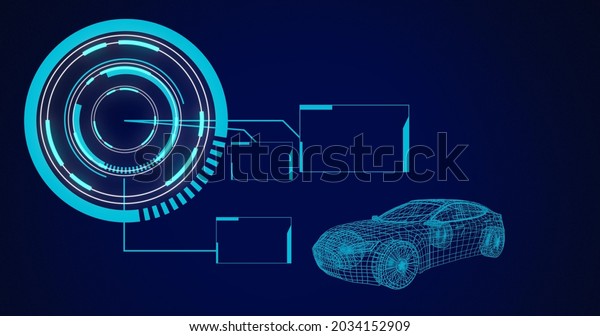 Image of 3d car\
drawing with scope scanning and data processing. global car\
industry, technology, data processing and digital interface concept\
digitally generated\
image.