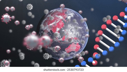 Image of 3d DNA strand spinning with Covid 19 coronavirus cells icons floating on globe model on black background. Covid 19 pandemic health care science concept digitally generated image. - Powered by Shutterstock