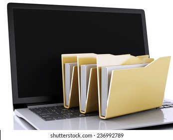 image of 3d illustration. laptop and computer files folders on white background