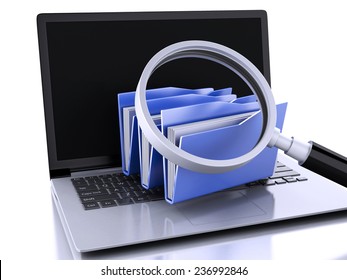 image of 3d renderer illustration. laptop, magnifying glass and computer files