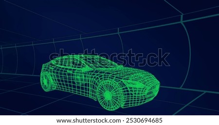 Image of 3d technical drawing of a car in green, with moving grid in the background 4k