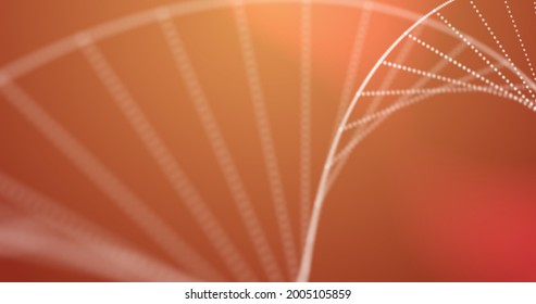 Image Of 3d White DNA Strand Formed With Particles Spinning On Red And Orange Background. Global Medicine Genetics Concept Digitally Generated Image.