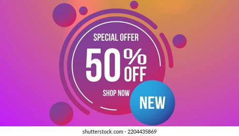 Image Of 50 Per Cent Off Sale Text, On Purple Circle Over Red Background. Retail Trade Sale Communication Concept, Digitally Generated Image.