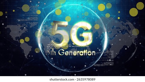 Image of 5th generation and globe over world map and black background. Network, communication and technology concept digitally generated image.