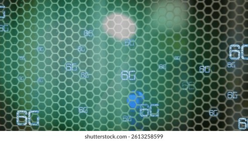 Image of 6g text over hexagons and light spots. global networks, connections, data storage and digital interface concept digitally generated image.