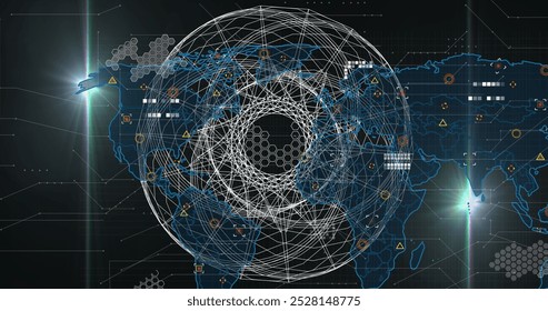 Image of abstract geometrical shape and data processing over world map on black background. Global networking and business technology concept