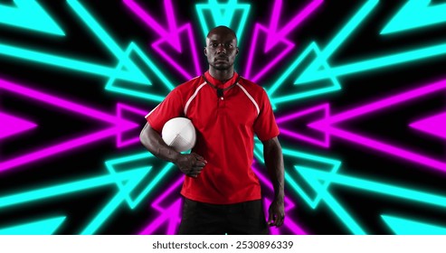 Image of african american male american football player with ball over shapes. global sport and digital interface concept digitally generated image. - Powered by Shutterstock