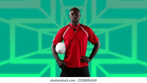 Image of african american male american football player with ball over shapes. global sport and digital interface concept digitally generated image. - Powered by Shutterstock