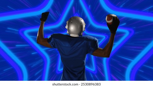 Image of african american male american football player with ball over shapes. global sport and digital interface concept digitally generated image. - Powered by Shutterstock