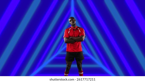 Image of african american male american football player with arms crossed over shapes. global sport and digital interface concept digitally generated image.