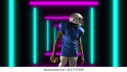 Image of african american male american football player with ball over shapes. global sport and digital interface concept digitally generated image. - Powered by Shutterstock - Get 15% off with code: PIKWIZARD15