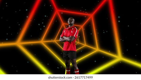 Image of african american male american football player with arms crossed over shapes. global sport and digital interface concept digitally generated image.