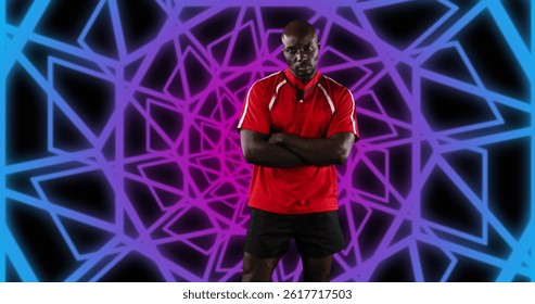 Image of african american male american football player with arms crossed over shapes. global sport and digital interface concept digitally generated image. - Powered by Shutterstock - Get 15% off with code: PIKWIZARD15