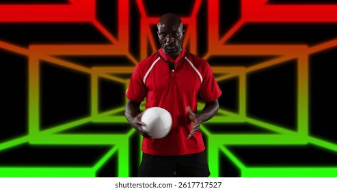 Image of african american male american football player with ball over shapes. global sport and digital interface concept digitally generated image.