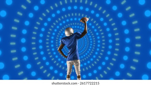 Image of african american male american football player with ball over shapes. global sport and digital interface concept digitally generated image.